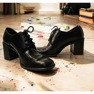 Franco Fortini Women's 7 M Black Chunky Stacked Heel Academia Leather Shoes